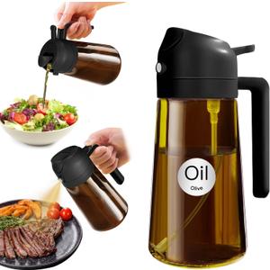 YARRAMATE 16oz/470ml Light Blocking Oil Sprayer for Cooking with Stickers, Food-Grade 2 in 1 Olive Oil Dispenser Bottle for Kitchen, Premium Dark Amber Glass Oil Bottle for Air Fryer, BBQ (Black)