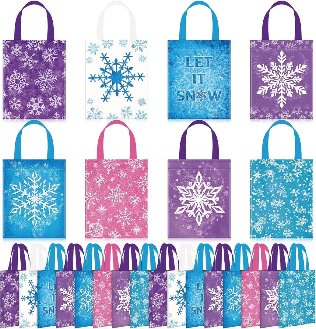 Photect 32 Pieces Snowflake Party Favors Bags Bulk with Handles Winter Reusable Non Woven Gift Bags Winter Treat Goodie Candy Pouches for Snowflake Birthday Baby Shower Holiday Party Supplies
