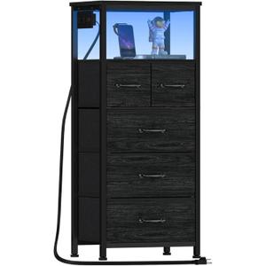 Furnulem Dresser for Bedroom, Tall Nightstand, Vertical Chest with Wood Top, Charging Station, LED Lights, 5 Fabric Bins, Bedside Table with Shelf, Furniture for Entryway (5 Drawer, Black Oak)