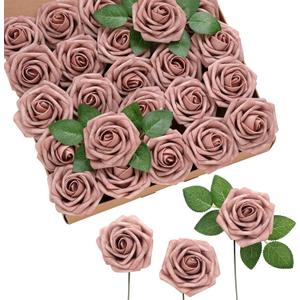 Ling's moment Artificial Flowers 25Pcs Dusty Rose Roses Decor w/Stems,3" Real Touch DIY Foam Floral for Wedding Bouquet/Centerpieces, Outdoors Party Backdrop, Room/Table, and Garden/Pot Decorations