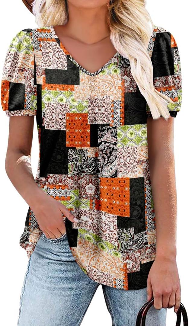 Angerella Women Tunic Tops Dressy Casual Summer Short Sleeve V Neck Shirts Floral Loose Fit Pleated Boho Top, Size L