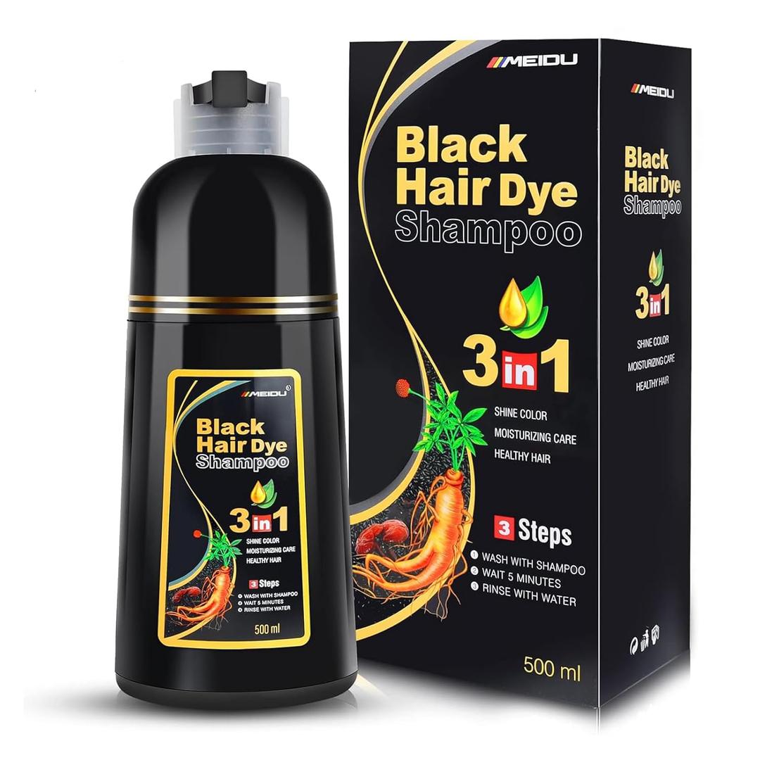 IIIMEIDU MEIDU Black Hair Dye Shampoo 3 in 1, Shampoo for Color Treated Hair 100% Gray Coverage for Women Men, Natural Herbal Ingredients Champu Para Canas pintar el pelo 500ml