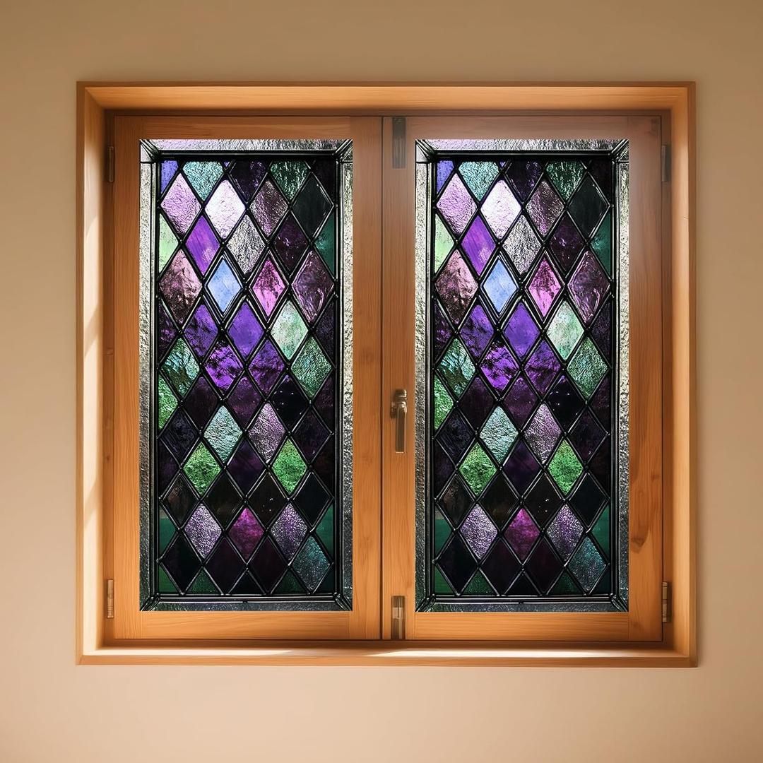 IVN Stained Glass Window Film 17.7x39.3 inch Diamond Pattern Window Privacy Film Stained Decals Static Cling Sun Blocking Decor for Home Office Windows Door Glass Partitions