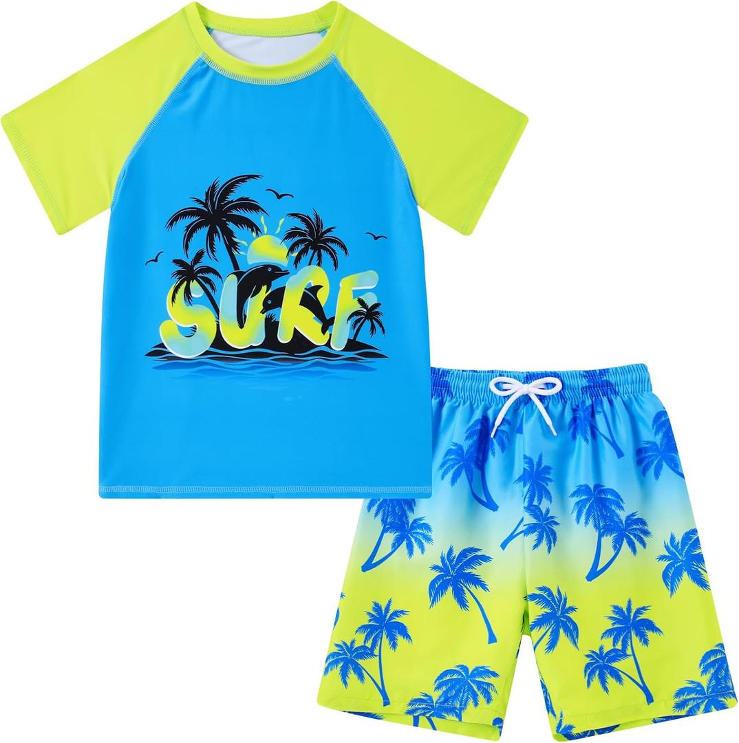 Boys Short Sleeve Rash Guard Swimsuit Set with Swim Trunks | Boys Bathing Suits for Swimming, Surfing, Rafting, Kayaking, Diving, Fishing, Waterski, Swim Team, Swim Meets, Lounging (Blue) Size 5 6