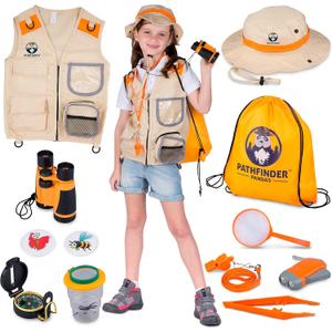 Kids Explorer Kit with Safari Vest & Hat for 3-12 Year Old Boys & Girls - Safari Costume Kids, Zoo Keeper, Paleontologist, Bug Kit & More - Giftable STEM Outdoor Explorer Kit for Kids + Bug Ebook (7+, Orange)