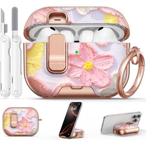 for AirPod Pro 3 Case 2025, with Safty Lock & Phone Stand for Pink AirPod Pro 3 Generation Case Cover for Women Girly, iPod Pro 3 Cases with Keychain & Cleaner Kit - Oil Painting Flower