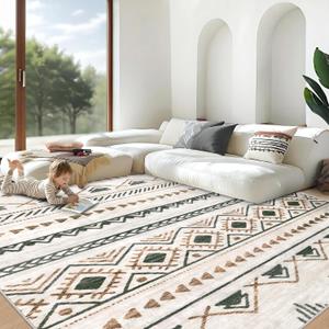 Area Rug Living Room Rugs 8x10 - Large Soft Boho Geometric Rug, Non-Slip Foldable Washable Rugs Non Shedding Morden Indoor Floor Carpet for Living Room Bedroom Office Dining Room(Brown Green,8'x10')
