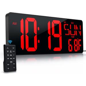 Large Digital Wall Clock with Remote Control 17.2" LED Large Display Timer with Temperature Date Week Auto DST Adjustable Brightness, Big Wall Alarm Clock for Living Room Office Garage Gym Seniors