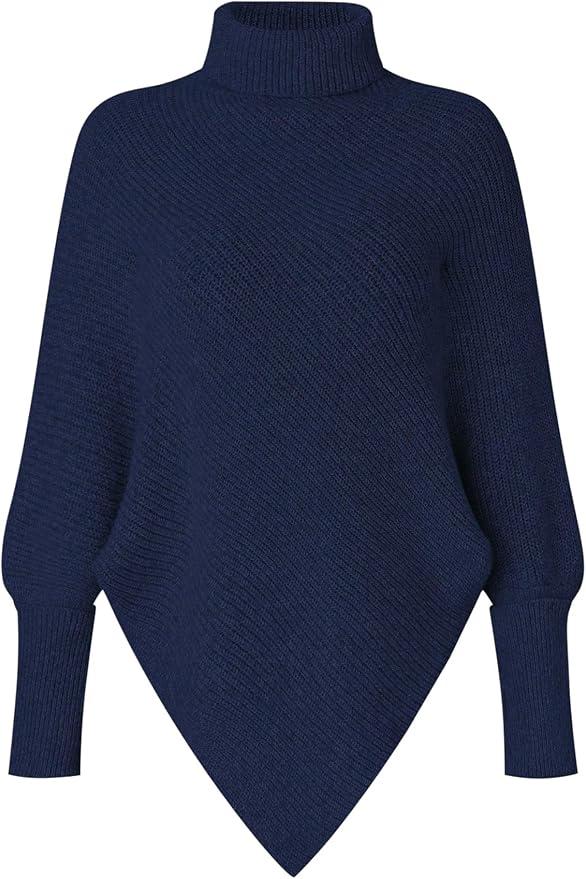 Milumia Women's Turtleneck Poncho Sweaters Asymmetrical Ribbed Sweater Dolman Loose Pullover Knit Tops Royal Blue Medium