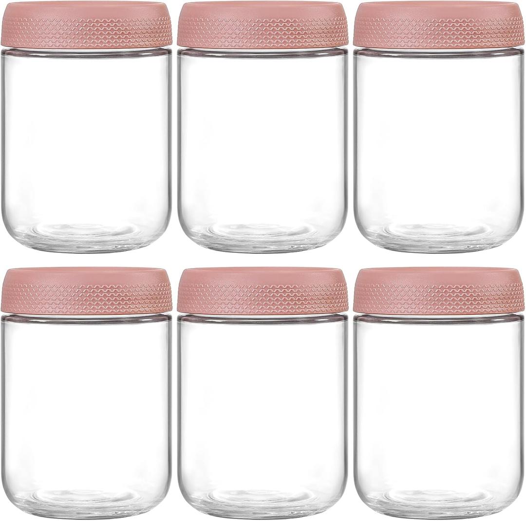 NETANY 6-pack 16oz Glass jars with Airtight Lids, Overnight Oats Containers with Lids, Wide mouth Mason Salad jars, Glass Food Storage Containers for Snacks Yogurt Spice Sugar-Pink