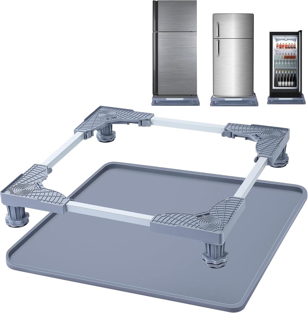 Mini Fridge Stand with Silicone Drip Tray, Universal Stand Base Adjustable Refrigerator Stand with 4 Strong Feet, 24''x 24'' Drain Pan, Suitable for Fridge, Washing Machine, Dryer, Wine Cabinet
