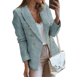 Happy Sailed Womens Tweed Blazers Casual Long Sleeve Double Breasted Open Front Blazer Jackets Work Suits (Large, Blue)