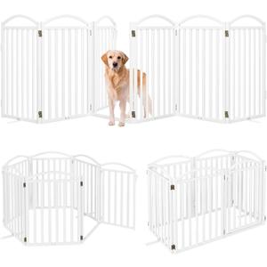 Malier Metal Freestanding Dog Gates with Door, 32'' Height Outdoor Indoor Dog Fences, Extra Wide Foldable Puppy Gate for Stairs (White, 6 Panels with Door 120''W 32''H)