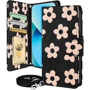 Buleens for iPhone 13 ProMax Wallet Case for Women - with Card Holder for iPhone 13 ProMax Flip Case Leather Crossbody Cute Aesthetic i Phone 13ProMax Case with Strap for Girls Girly, Black Flower
