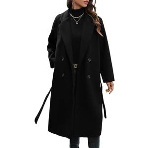 WOWULOVELY Women's Winter Double Breasted Wool Coat Long Sleeve Notched Collar Trench Long Oversized Button Down Overcoats, M