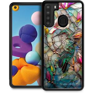 Compatible with Samsung Galaxy A21 Mobile Case Creative Acrylic Back Panel Silicone Protection Grip Specially Designed for Samsung Galaxy A21 3D Stained Flower Looking Hummingbird