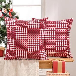 JELLYMONI Pack of 2 Decorative Plaid Linen Throw Pillow Covers Farmhouse Christmas Pillowcovers Rustic Woven Textured Boho Pillowcase for Sofa Couch Bed (Red, 16x16in)