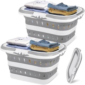 2 Pack Collapsible Laundry Baskets with Comfort Handles, 10.6 Gallon Collapsible Laundry Clothes Hamper Portable Space Saving Pop-Up Laundry Hamper Storage Container, 13.8x7.9x10.8 inches