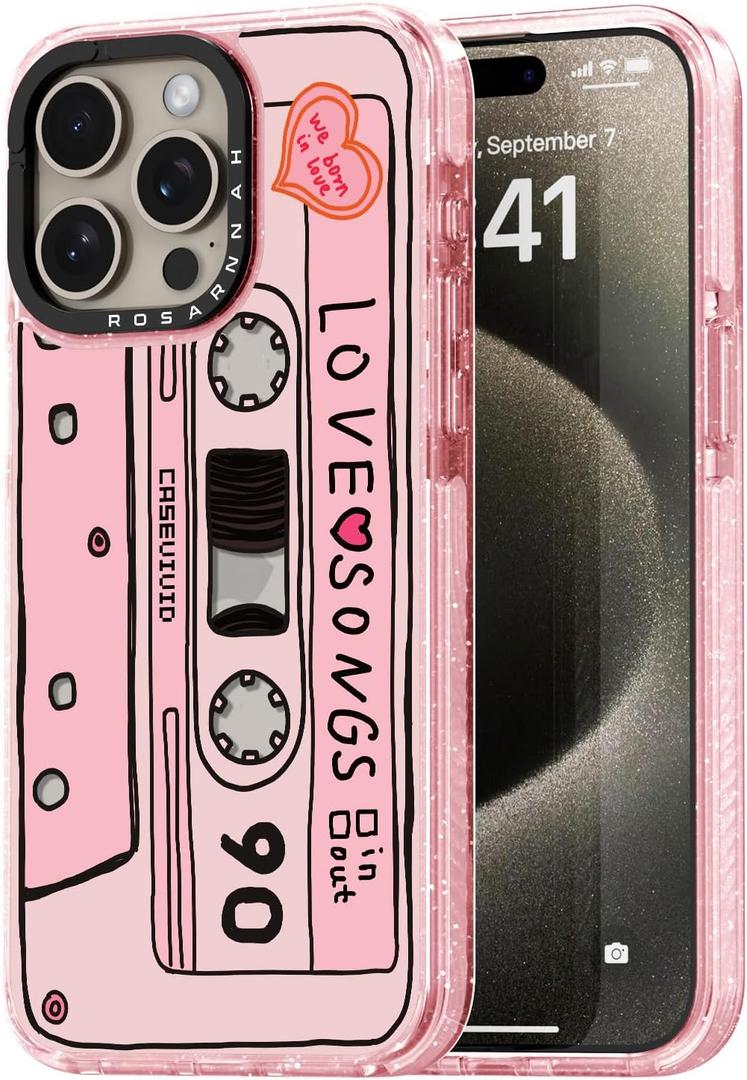 for iPhone 15 Pro Case Cute - Durable Shockproof 6.6 ft Drop Impact Phone Case - Funny Cassette Tape Design (6.1") Glitter Pink