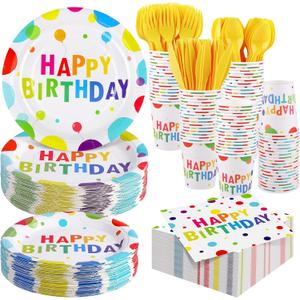 Kochorie 400 Pieces Happy Birthday Party Decorations Including Disposable Paper Plates Cups Napkins Tableware Sets Serves 50 for Birthday Party Supplies