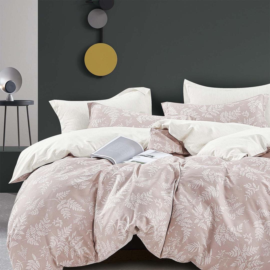 100% Natural Cotton 3pcs King Duvet Cover Sets-Dusty Pink Duvet Cover with Luxurious Off White & Beige Leaves,Reversible Comforter Cover Sets with Button Closure(King,Botanical (King(104"90"))