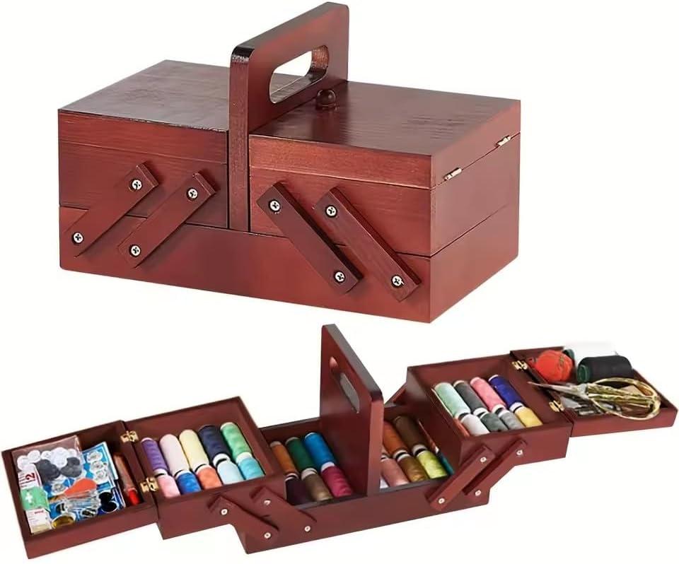 1pcs Wooden Expandable Sewing Box Sewing Kit Storage Box with Handle, Embroidery Kit Wooden Sewing Basket