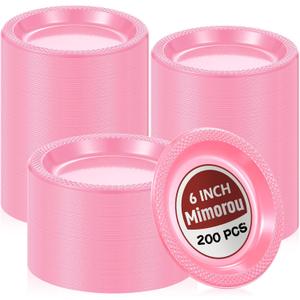 Mimorou 200 Pcs Plastic Dessert Plates 6 Inch Disposable Round Dinner Cake Plates Bulk for Wedding Birthday Picnic Salad Appetizer Party Supplies(Pink)