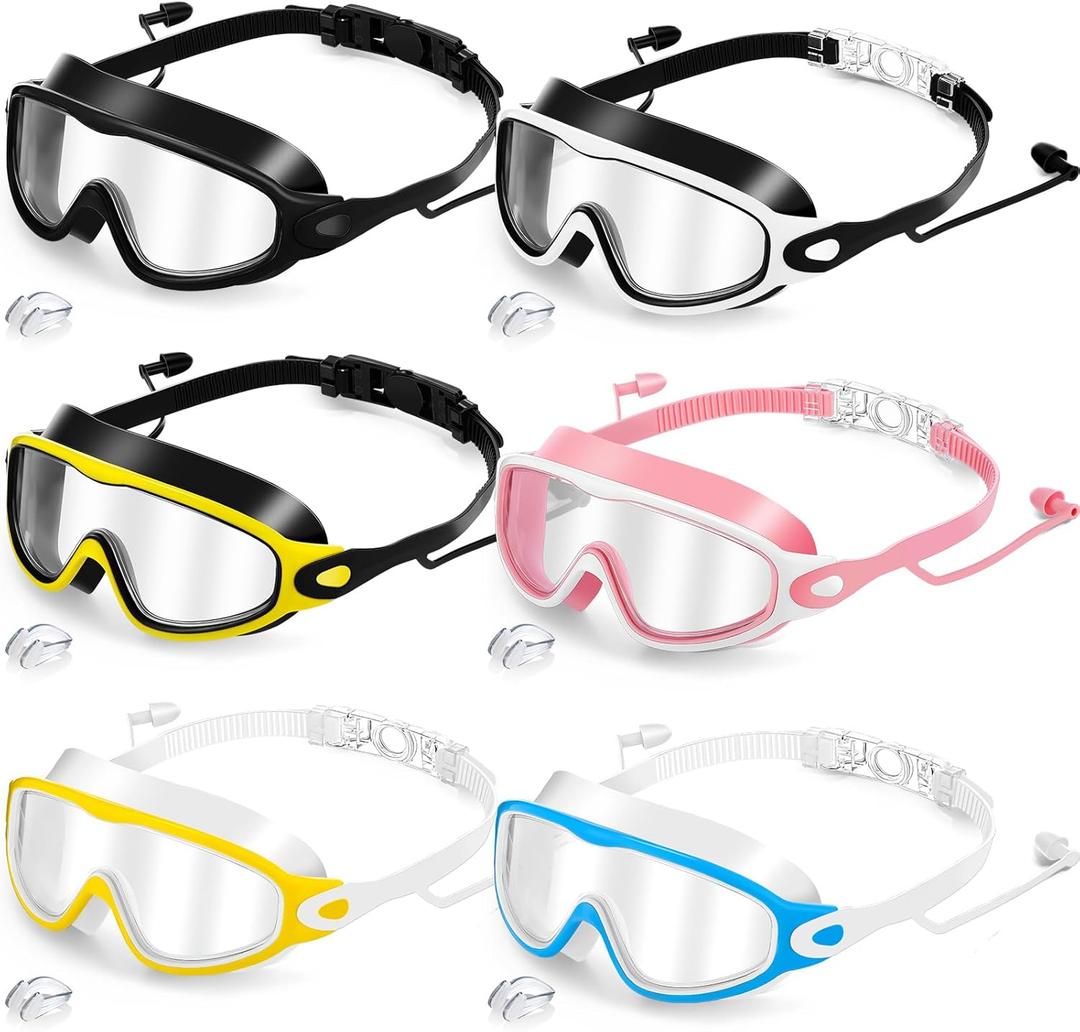 Kanayu 6 Pieces Kids Swimming Goggles Pool Goggles Anti Fog Wide View No Leaking with Wear Earplugs Nose Clip for Kids 6-13 (Pink,blue, White,yellow,black)