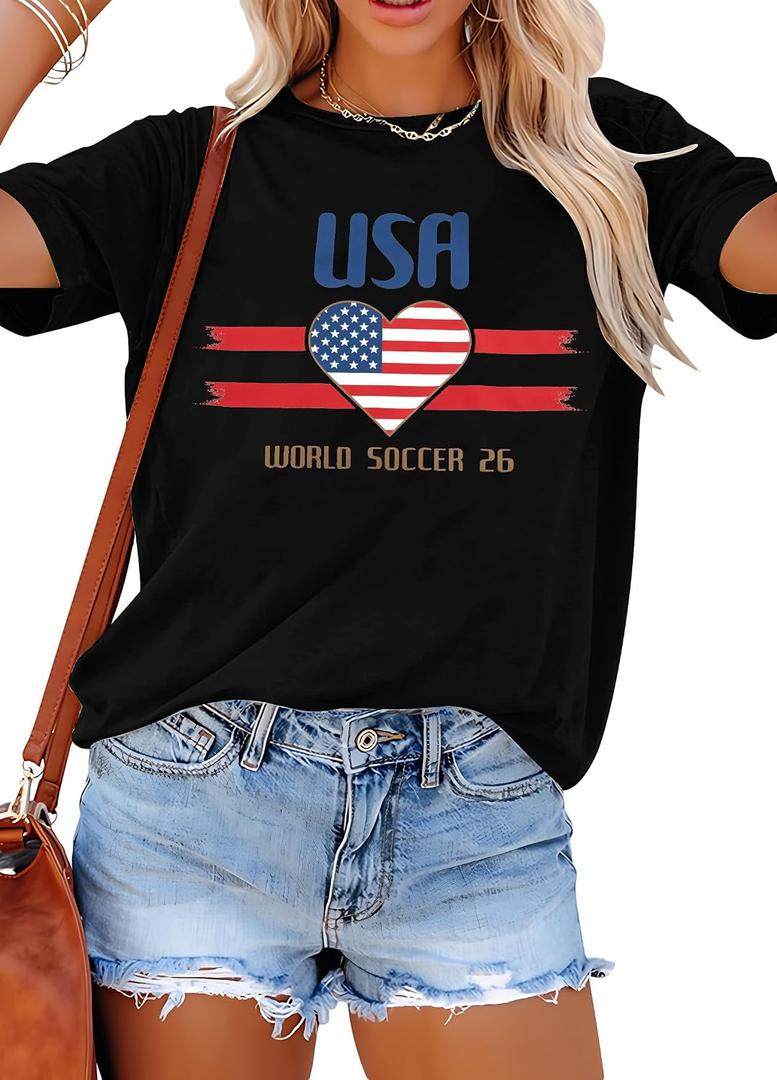 LOTUCY Women USA Soccer Shirt USA Flag Heart Printed Short Sleeve Shirt (M)