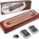 Juegoal Upgrade Wood Cribbage Board Game Set, Solid Wooden Continuous 3 Track Board with Larger Storage Area, 9 Metal Pegs and 2 Decks of Playing Cards, Travel Portable Cribbage Game Sets