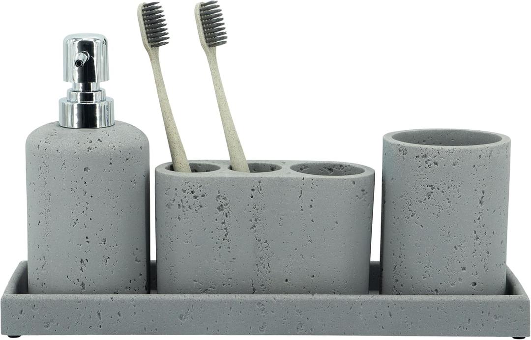 ZCCZ - Light stone Gray Bathroom accessories set 4 Pcs - Toothbrush Holder, Soap Dispenser, Vanity Tray, Bathroom Tumbler - Countertop Vanity Organizer - Bathroom accessory set - Toothbrush Holder Set (Gray Effect)