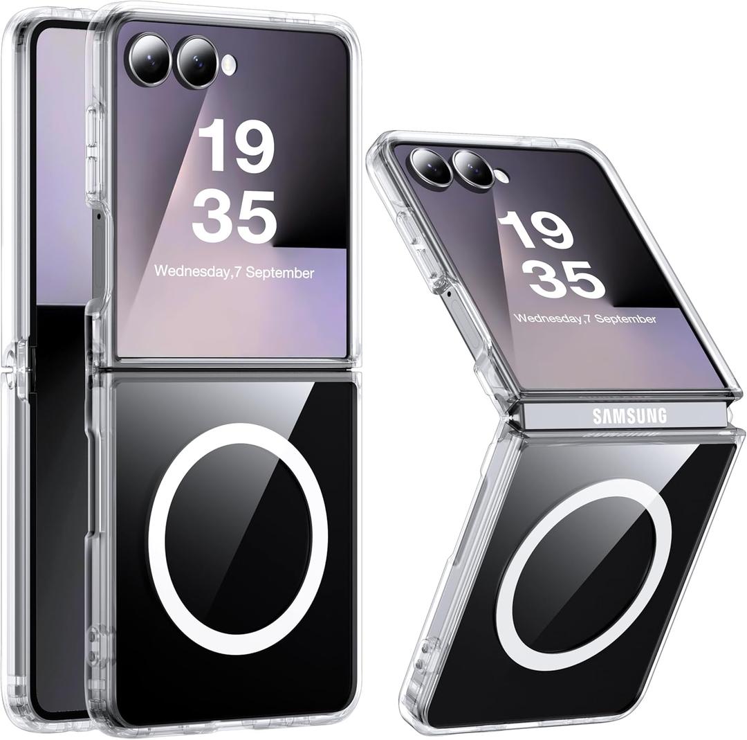 FNDMIL Magnetic for Samsung Galaxy Z Flip 7 Case[Compatible with MagSafe][Anti-Fingerprint][Military Grade Drop Proof] Transparent Hard Back & Soft Silicone Bumper for Flip 7 Phone Case,Crystal Clear
