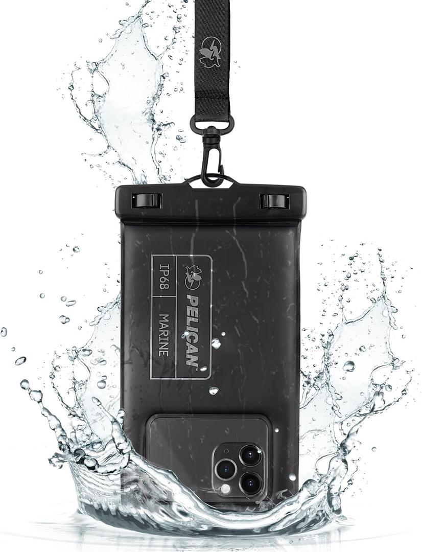 Pelican Marine - IP68 Waterproof Phone Pouch (Regular Size) Floating Waterproof Phone Case - Beach Cruise Ship Travel Essentials - Works with All Phones - Detachable Lanyard - Black