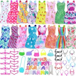 BJDBUS 42 pcs Doll Clothes and Accessories Including 10 pcs Fashion Mini Dresses 32 pcs Shoes, Glasses, Necklaces, Handbag, Hangers Accessories for 11.5 Inch Girl Doll