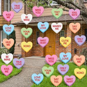 28 Pcs Valentines Day Outdoor Decorations Conversation Heart Candy Yard Sign Valentine Day Yard Stakes Heart Sayings Hanging Ornaments with Stakes and Fishing Threads for Valentine Tree Lawn