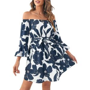 Off Shoulder Ruffle Dress for Women, A-Line Mini Dress with Belt, Fitted Bust Summer Wedding Guest Dress (XL)