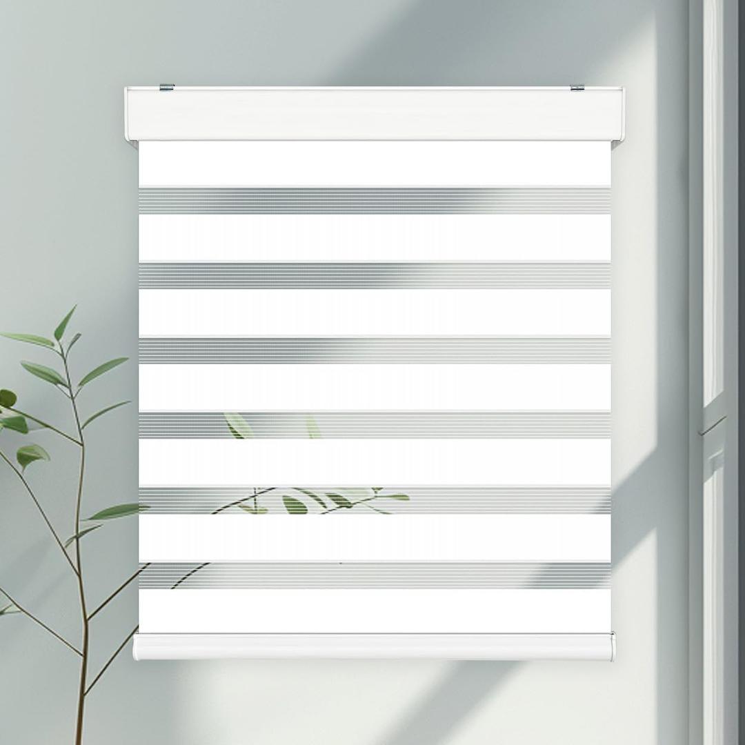 FOIRESOFT Noiseless+ Custom Cordless Light Filtering Zebra Blinds [Morning, Pure_White, W 45 x H 64 inch] Windows Sheer Shades for Day and Night Light Control, Gentle Moving Dual Layer