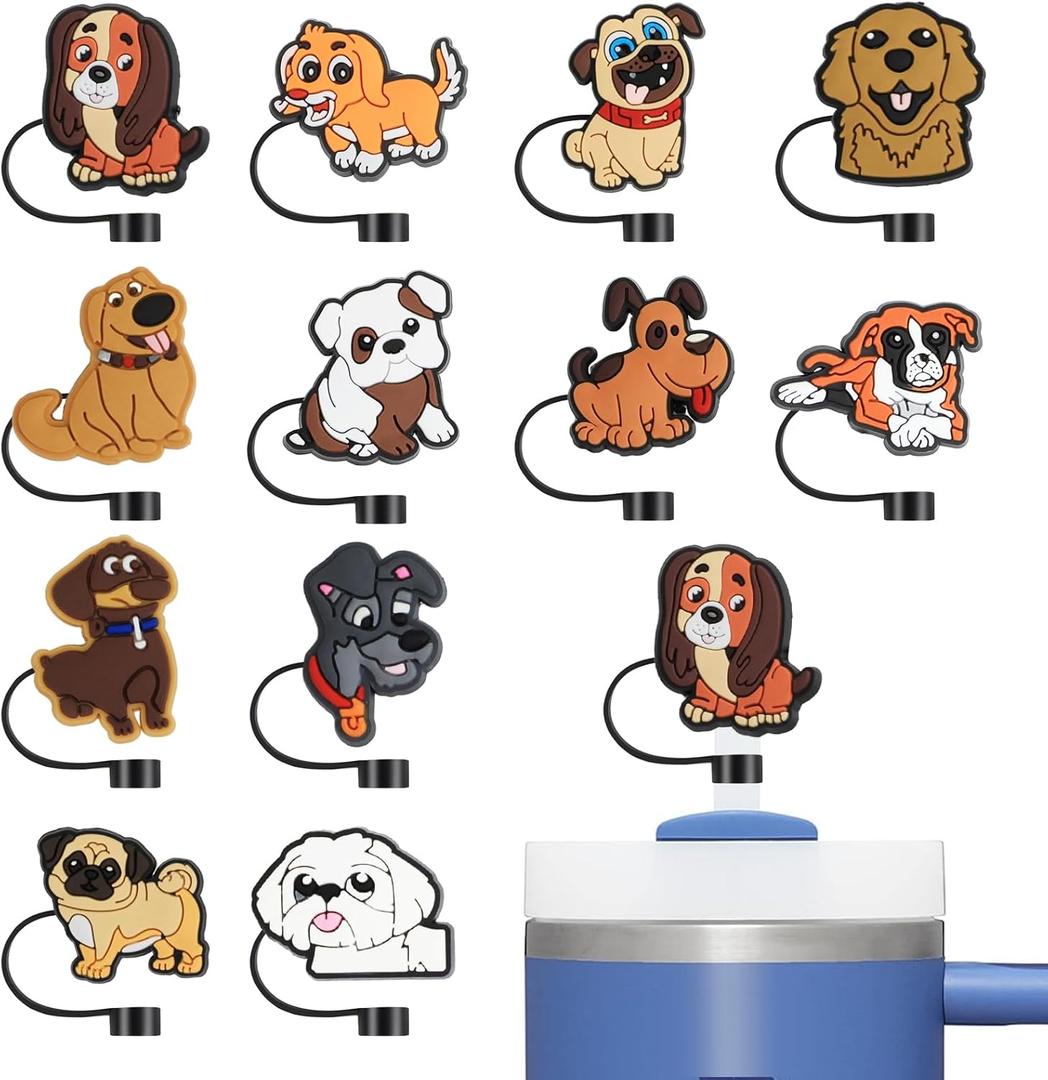 Stanley Straw Cover, 12PCS Silicone Dog Straw Toppers, Cute Drinking Caps 10mm Compatible with Stanley Cup 30 40 oz, Tumbler Accessories Decoration Gifts (Dog C)