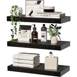 Floating Shelves for Wall Storage, Wall Mounted Rustic Wood Shelves, Modern Hanging Shelves, Display Shelf Organizer for Bathroom, Bedroom, Living Room, Kitchen, Room Dcor 16 inch Set of 3, Black