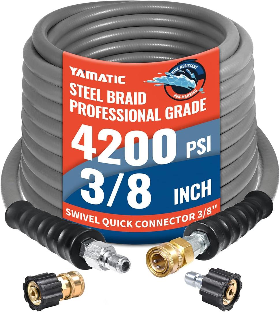 YAMATIC True 3/8" ID Pressure Washer Hose 50 FT, 4200 PSI, 250F Hot Water, Steel Braided Non-Marking Gray Rubber Hose, 360 Swivel 3/8" Quick Connect with M22 Adapters for Gas Power Washers