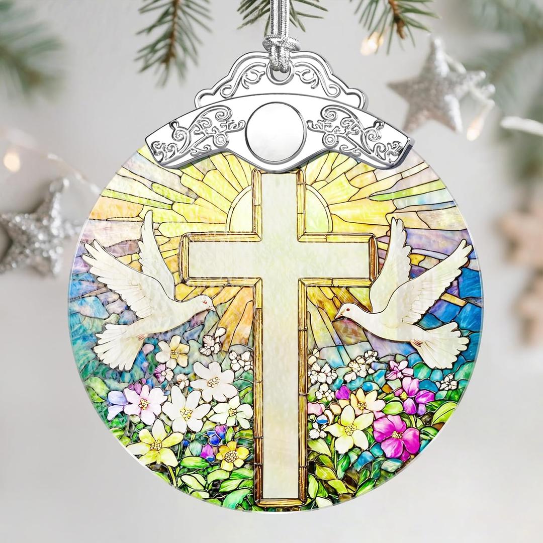 4 x Christmas Ornament, Stained Glass Ornament, Christmas Ornaments for Tree, Hanging Ornaments for Home Decor & Xmas Decorations  Holiday Decor, Gift Ideas, Perfect Holiday & Xmas Gifts - Cross