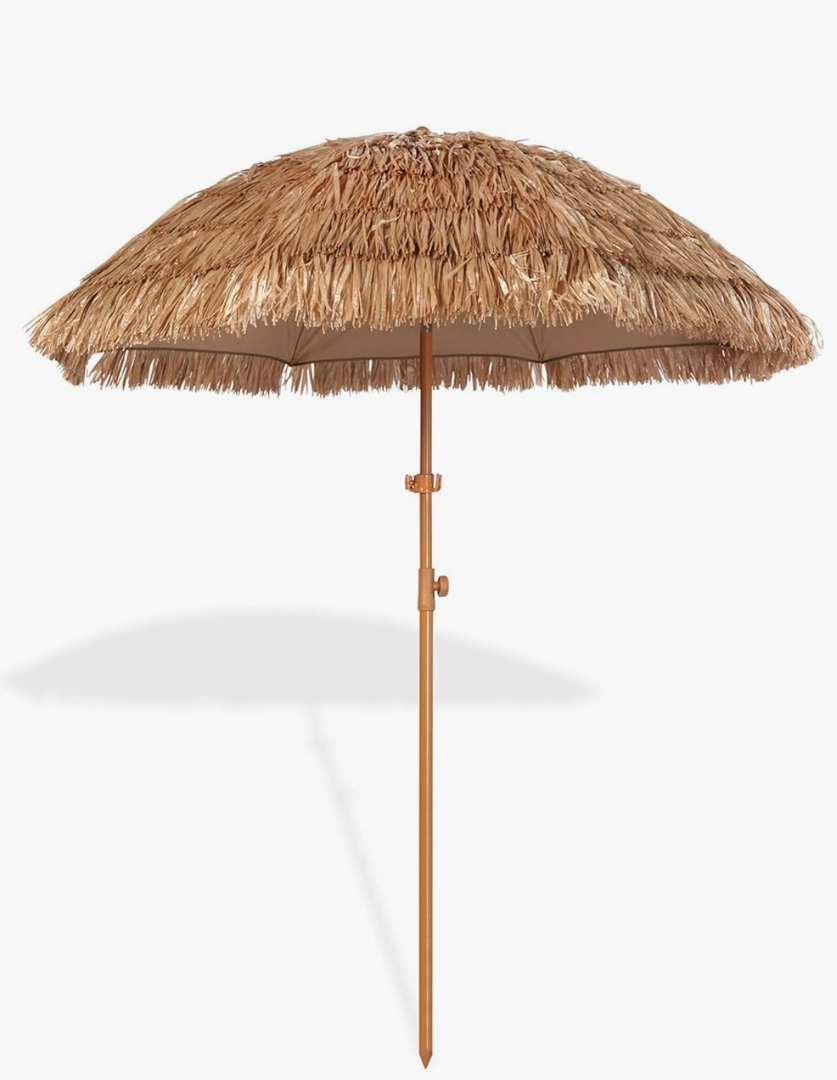 6.5ft Hula Tahtched Tiki Patio Umbrella, Beach Umbrella Hawaiian Style with Hanging Hook and Tilt Design, 8 Ribs with Carry Bag for Outdoor Tiki Bar, Tropical Palapa, Garden, Pool, Natural