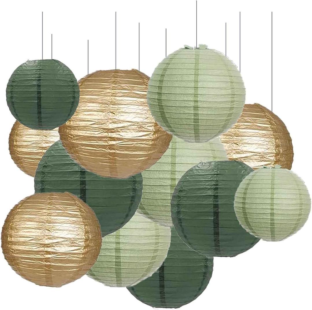 GAKA Green Gold Paper Lanterns Decorative,12pcs,4 inch 6 inch 8 inch 10 inch Round Paper Hanging Decorations,Chinese Lanterns Lamps for Wedding Birthday Home Classroom Party Decoration