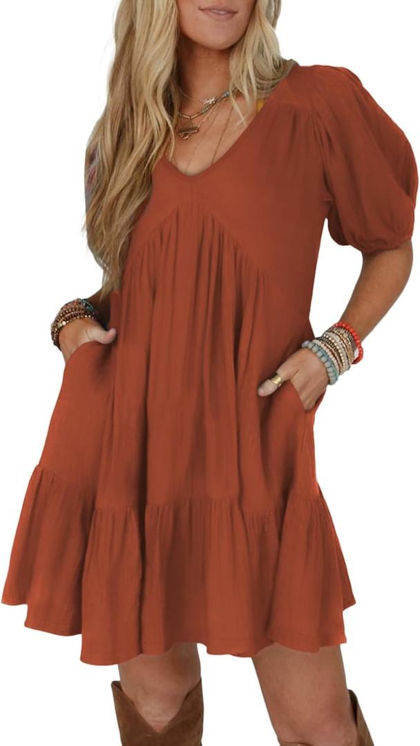 Acelitt Women's Summer Dresses 2025 Beach Casual Deep V Neck Loose Sundress Short Sleeve Mini Dress (Large, X-cinnamon)