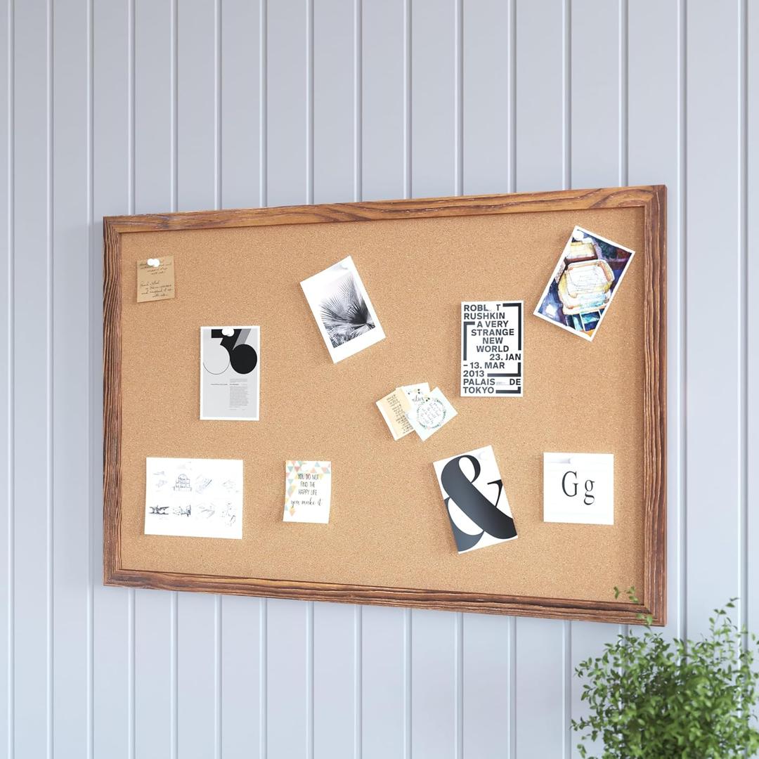 HBCY Creations Wall Mount Torched Wood Cork Board - 24" W x 36" H - 6 Wooden Push Pins - Solid Pine Wood Frame - for Kitchen, Classrooms, Restaurant Menus and More!