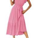 PRETTYGARDEN Women's Summer Floral Boho Dress Wrap V Neck Short Sleeve Ruffle A-Line Flowy Maxi Wedding Guest Dresses (Solid Rose Pink,Medium)