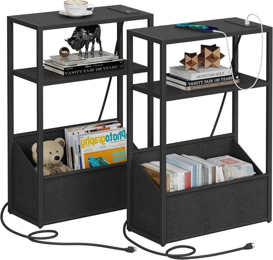 TUTOTAK Narrow Side Table, Small End Table Set of 2 with Charging Station, Nightstand with Fabric Basket, Bedside Table for Small Space, Livingroom, Bedroom Black TB01BK0952