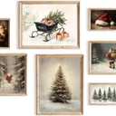 TWNSLLA Vintage Wall Art Set of 7,Vintage Christmas Wall Decor,Moody Snowy Landscape Painting Winter Wall Art,Reindeer Pine Tree Santa Claus Art Prints,Vintage Pictures Wall Decor Living Room Bedroom,Unframed