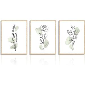Abstract Botanical Wall Decor Poster Minimalist Sage Green Flower Line Wall Poster for Bedroom Living Room Decor 12x16 in Unframed Set of 3