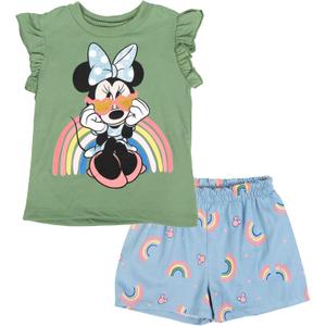 Disney Minnie Mouse Rainbow Floral T-Shirt and Chambray Shorts Outfit Set Infant to Big Kid Sizes (12 Months - 14-16) (Green)